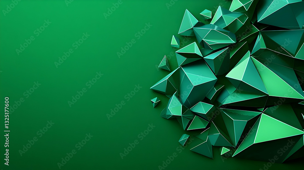 Poster abstract green 3d triangles cluster on green background with subtle lighting and deep shadows modern