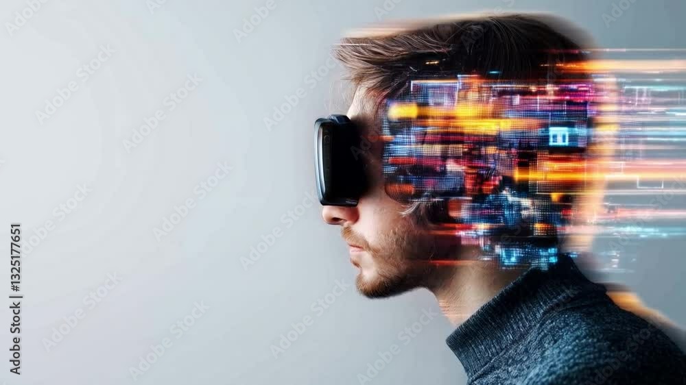 Poster A person wearing futuristic virtual reality goggles experiences advanced technology related to cyber defense. The vibrant digital data overlay reflects the integration of tech and security.