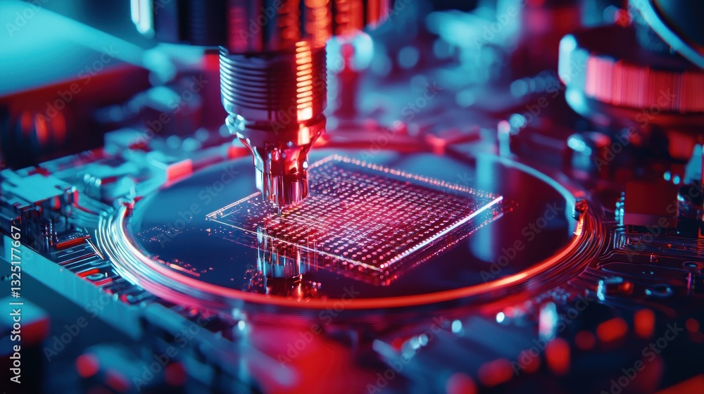 Poster close-up of a robotic arm placing a microchip onto a circuit board.