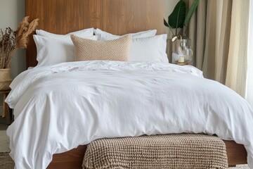 A sophisticated bedroom with a white duvet, a rich walnut headboard, and a woven throw blanket neatly folded at the foot of the bed