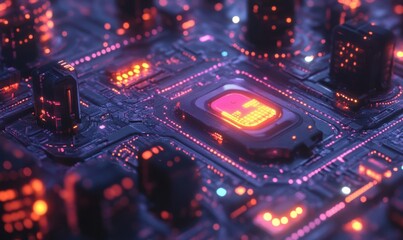 Artistic depiction of a glowing digital lock surrounded by data nodes illuminated by vibrant neon light symbolizing cybersecurity .