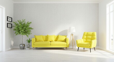 Modern living room with yellow sofa and armchair in bright minimalist design