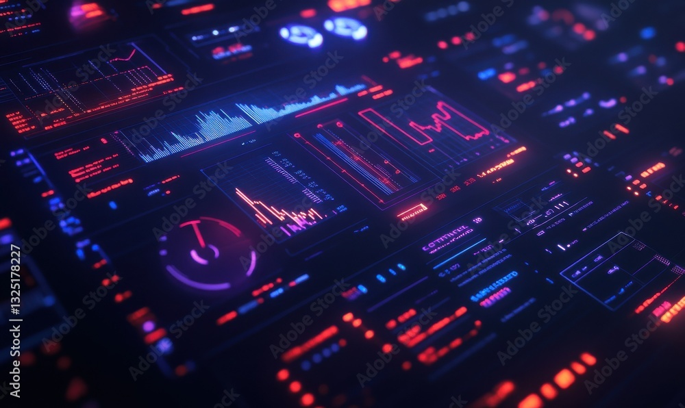 Poster Digital futuristic interface with glowing charts and data panels, deep blue tones creating a high-tech atmosphere, clean and sharp details