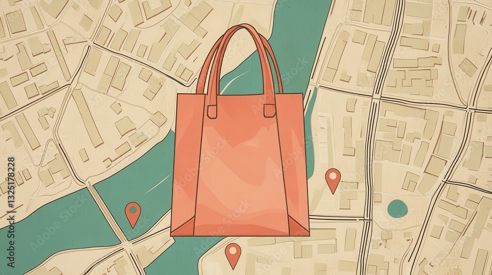 Leinwandbilder efficient delivery route map design featuring a grocery bag icon and location pins for optimized nav