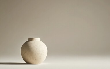 Beige ceramic vase with speckled texture sits on a light beige surface against a muted background. Soft, diffused lighting creates subtle shadows