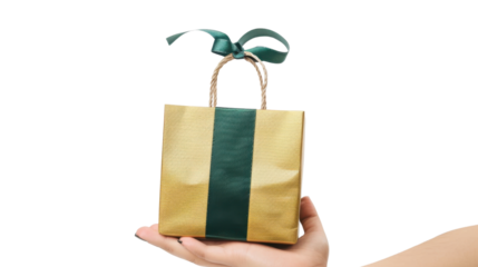 Hand holding golden shopping bag with green ribbon on transparent background