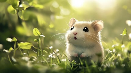 A Small Mouse Gazing Upwards in Lush Green Grass