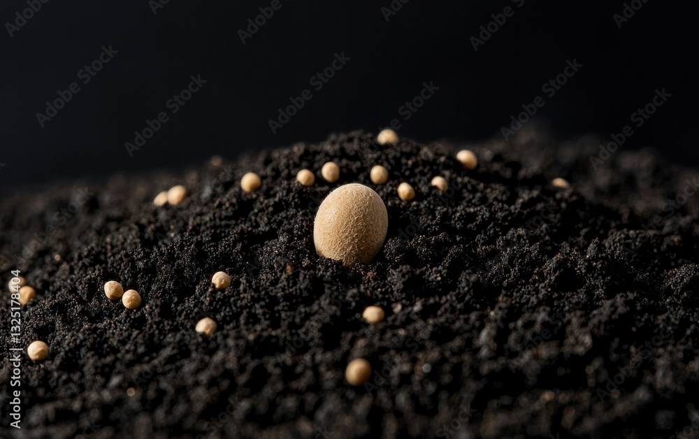 Poster close-up of beige spheres on dark soil. a larger sphere is centered, surrounded by smaller ones. the