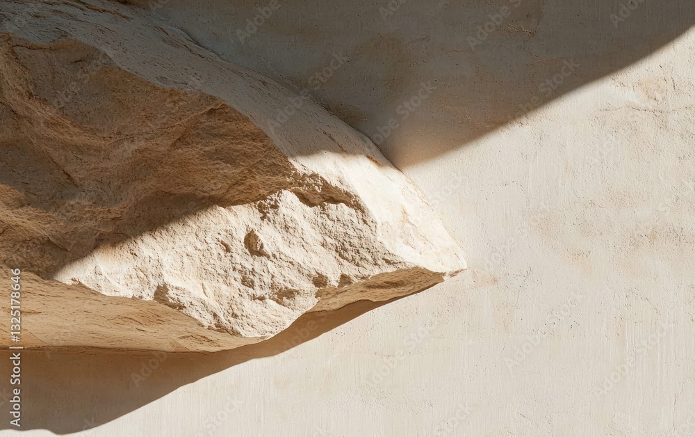 Poster close-up view of a light beige, rough-textured stone resting on a similar textured surface. the ston