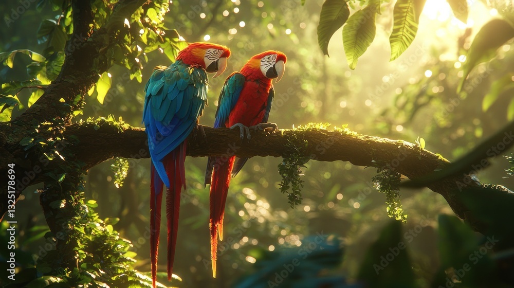 Poster two scarlet macaws perched on a branch in a lush rainforest, sunlight filtering through the leaves.