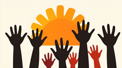 Summer concert vibes concept Raising hands against a sunrise backdrop, symbolizing hope and unity.