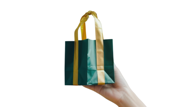 Hand holding green shopping bag with golden ribbon handles on transparent background