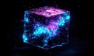 Digital cube with glowing neon elements floating dynamically in a futuristic dark space illuminated by vibrant light creating a tech-inspired design .