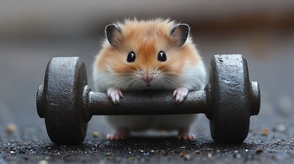 Adorable hamster playfully attempting to lift a dumbbell.