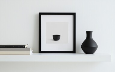 Black ceramic bowl in a minimalist framed print, displayed on a white shelf alongside a black vase and stack of books. Neutral background