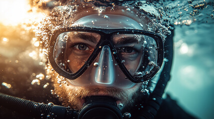 Diver exploring underwater world in vibrant light during evening hours near coral reefs