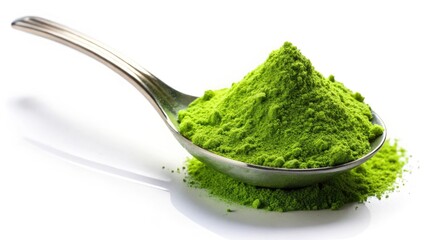 Green Tea Powder Spoon White Background - High-Resolution Photo, Matcha Powder, Culinary Photography