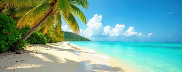 Golden sand, turquoise water, lush palms sway gently, sand, maldives