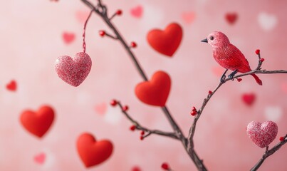 Valentines theme with a pink background, red hearts perched on branches and scattered romantically