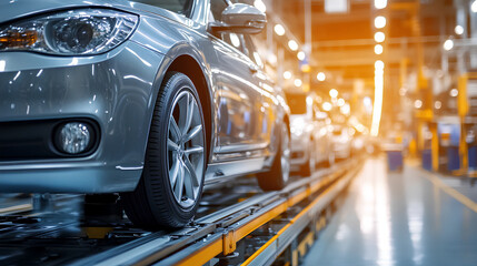 Modern cars on an assembly line in an automobile manufacturing factory