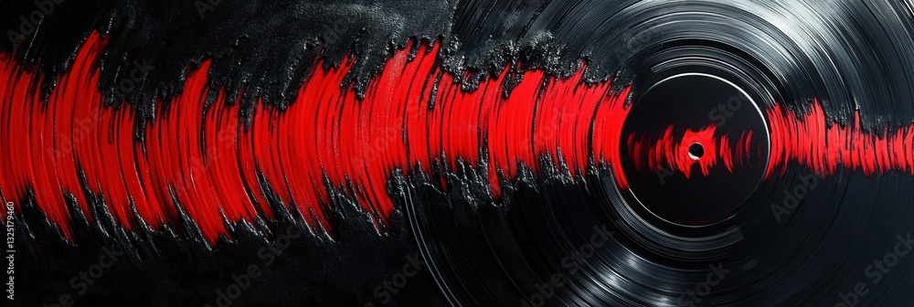 Poster vinyl record texture with dynamic soundwave ripples in black and red showcasing retro-modern design 