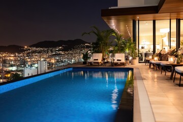 A stunning night view of a luxurious poolside area with sparkling city lights in the background, capturing the essence of relaxation and modern living under the stars.