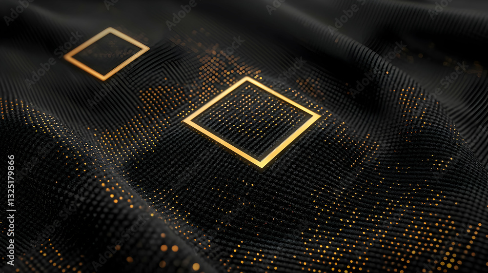 Poster abstract black background with gold particle grid and glowing square frames digital art