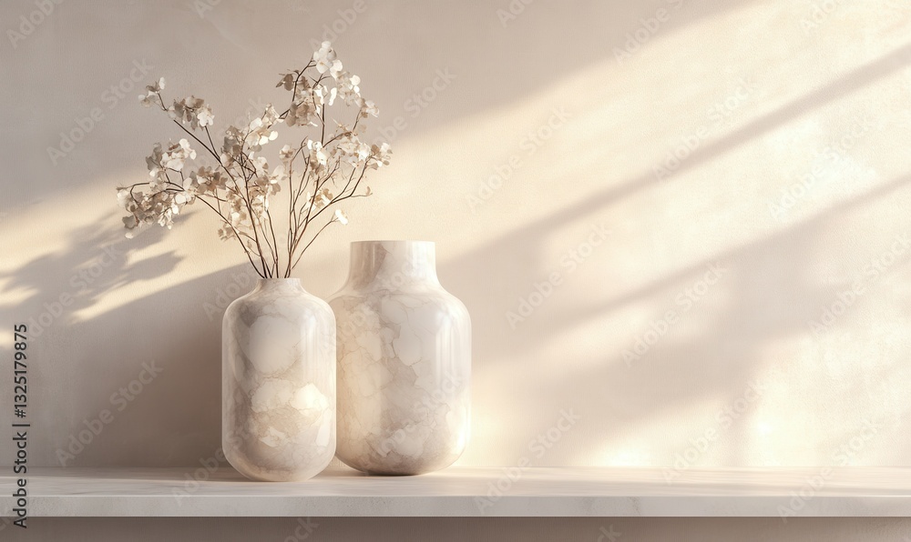Poster elegant marble vases in neutral tones displayed on a modern shelf illuminated by diffused light crea