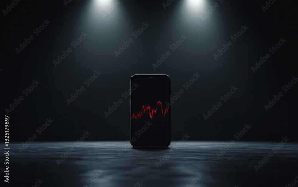 Poster a black smartphone displays a red data graph on its screen, illuminated by two spotlights against a 