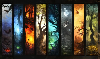 Colorful vertical panels depicting different fantasy forest scenes and atmospheres.