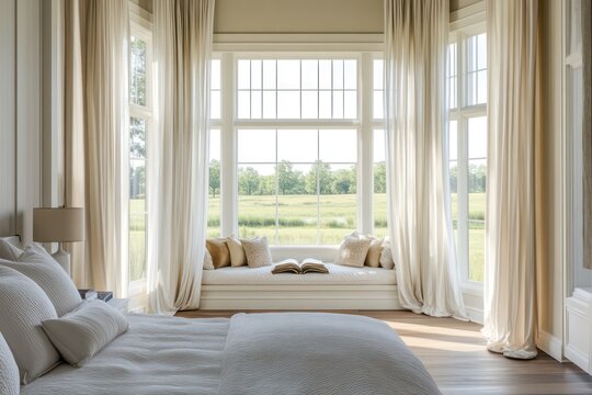 A spacious master bedroom featuring a reading nook near tall windows, with soft, layered curtains framing the view
