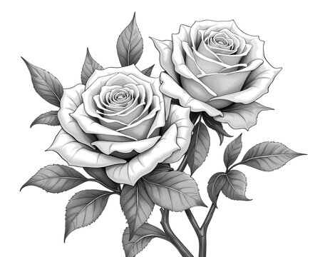 Black and white rose illustration with sharp shading, depicting the beauty of simple but meaningful flowers, creating an elegant and expressive effect