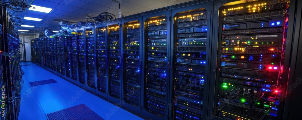 Poster vibrant, futuristic data center featuring advanced server cooling systems with rgb lighting. highlig