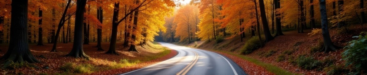 Obraz premium High-res autumn road winding through vibrant forest canopy , crisp, journey, woods