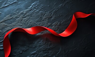 Macro shot of a bright red ribbon forming a loop against a dark textured surface, illuminated by soft light for a bold and elegant look