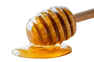 Close-up of golden honey dripping from a wooden honey dipper, isolated on a transparent background. Perfect for food packaging, branding, and natural sweetener