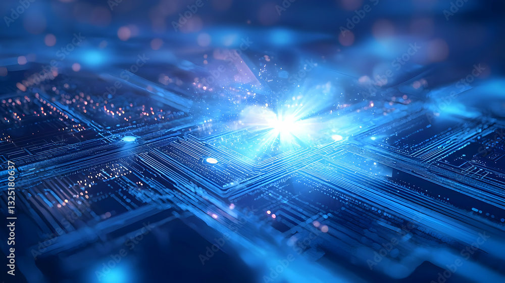 Poster futuristic blue circuit board with glowing data flow and bright light in abstract digital background