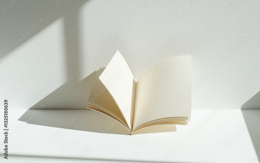 Poster close-up view of an open blank notebook with creamy off-white pages, resting on a white surface. bri