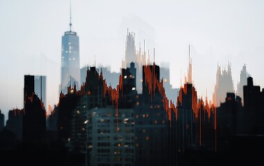 Naklejka premium City skyline at sunrise or sunset, with warm orange and cool blue tones, blurred for a dreamy effect. Buildings are dark silhouettes against the light