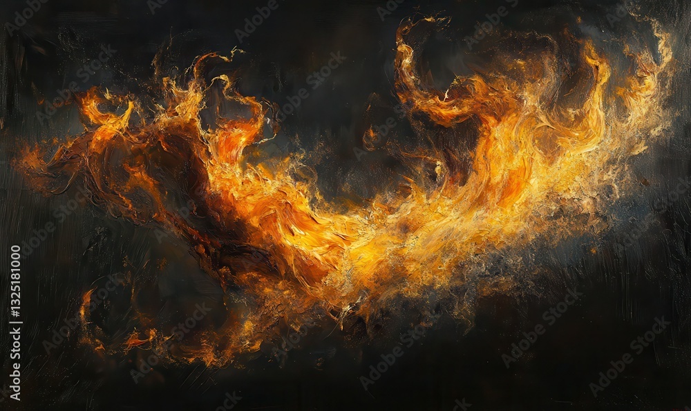 Poster dramatic flames captured mid-motion, glowing brightly against a dark background to create an intense