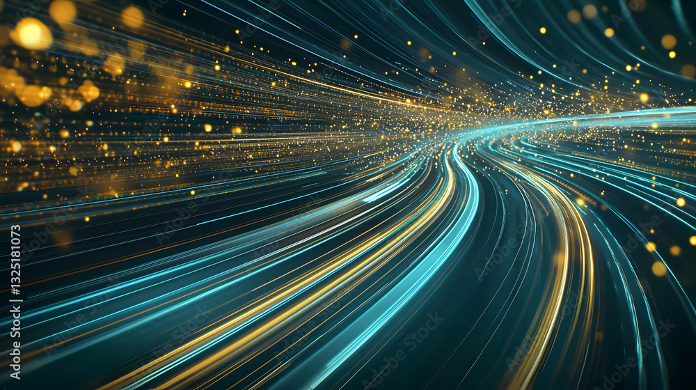 Poster dynamic light trails in blue and gold against a dark background creating a sense of speed and motion