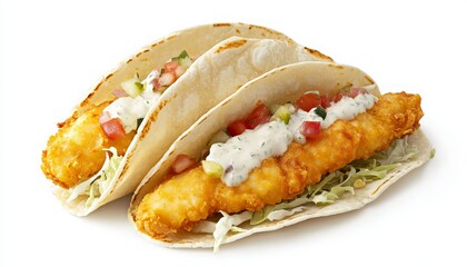 Crispy Fish Tacos with Fresh Salsa and Creamy Sauce on a White Background - A Delicious and Colorful Culinary Delight Perfect for Food Lovers and Taco Enthusiasts.