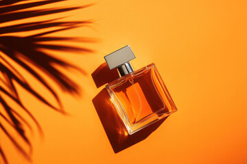 Transparent bottle of perfume on an orange background. Fragrance presentation with daylight. Trending concept in natural materials palm leaves shadow. Women's and men's essence.