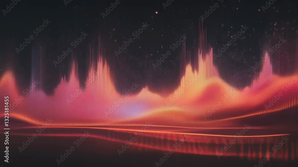 Poster colorful particle stripes are falling on a dark surface, creating a vibrant wave pattern with a grad