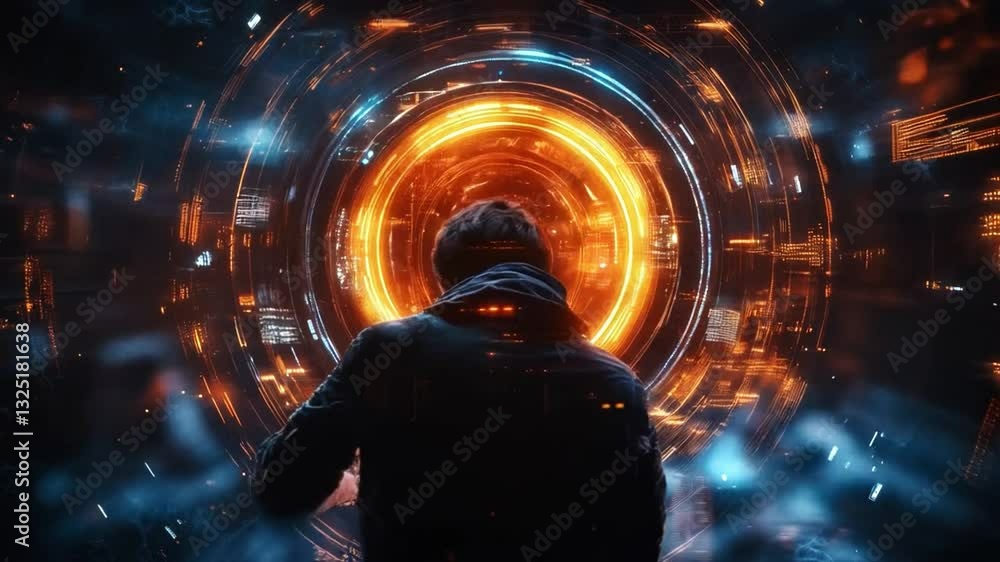 Poster a person stands in a luminous cyber environment, with vibrant orange and blue visuals representing a