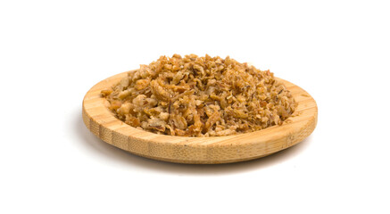 bowl with fried onions on white background