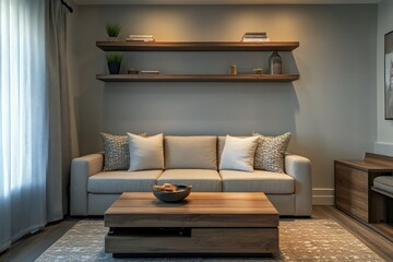 A stylish compact living room featuring a modular couch, a rectangular lift-top table, and floating shelves