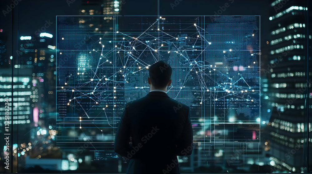 Poster businessman analyzing city data visualization with futuristic digital interface in modern office at 