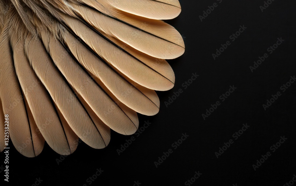 Poster Close-up view of brown and gold patterned feathers arranged against a black background. The intricate details of the feathers are highlighted, creating a luxurious and elegant texture
