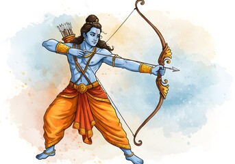 Lord Rama in Battle Stance: A Vibrant Watercolor Illustration of the Divine Archer from Hindu Mythology
